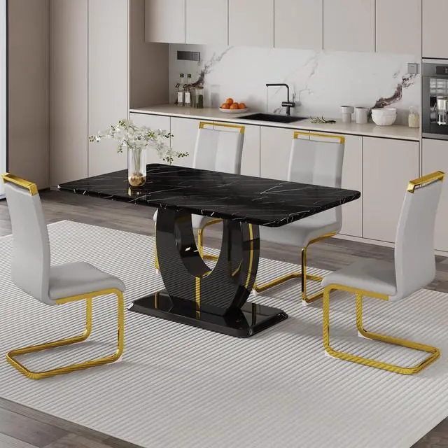 Main image of Sumdeal 63"Modern Black Rectangle Faux Marble Dining Table Room Sets for 4,Dining Table with 4 PU Leather Dining Chairs,Black Table and 4 Light Gray C-shaped Chairs with Golden Leg