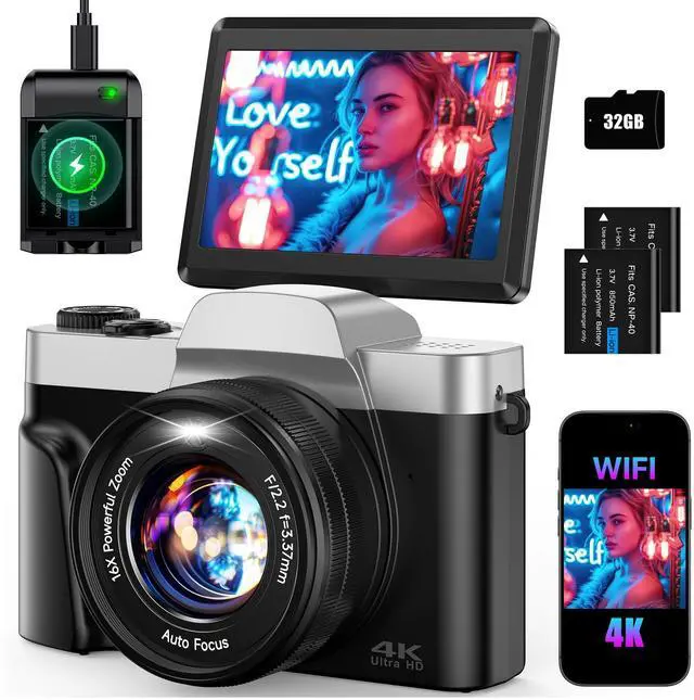 Main image of Hoegoa 4K 64MP WiFi Vlogging Camera 3" 180° Flip Screen, 16X Zoom, Anti-Shake, 2 Batteries & Charger, Compact Travel 4K Digital Camera for YouTube, Photography, Content Creation (SD Card Included)