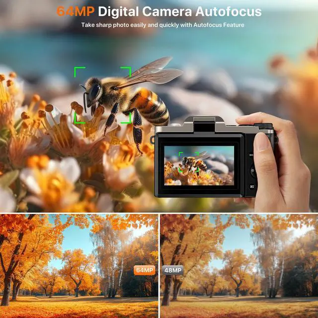 Alt view image 2 of 7 - Hoegoa 4K 64MP WiFi Vlogging Camera 3" 180° Flip Screen, 16X Zoom, Anti-Shake, 2 Batteries & Charger, Compact Travel 4K Digital Camera for YouTube, Photography, Content Creation (SD Card Included)