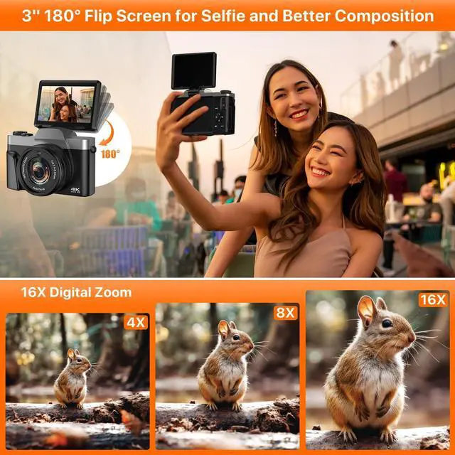 Alt view image 3 of 7 - Hoegoa 4K 64MP WiFi Vlogging Camera 3" 180° Flip Screen, 16X Zoom, Anti-Shake, 2 Batteries & Charger, Compact Travel 4K Digital Camera for YouTube, Photography, Content Creation (SD Card Included)