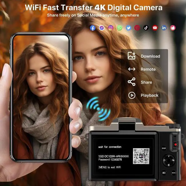 Alt view image 4 of 7 - Hoegoa 4K 64MP WiFi Vlogging Camera 3" 180° Flip Screen, 16X Zoom, Anti-Shake, 2 Batteries & Charger, Compact Travel 4K Digital Camera for YouTube, Photography, Content Creation (SD Card Included)