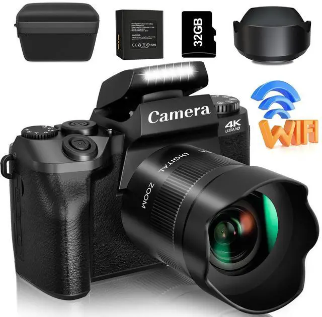 Main image of Digital Camera, 4k Cameras for Photography & Video, 64MP WiFi Touch Screen Vlogging Camera for YouTube with Flash, 32GB Card, Lens Hood, 3000mAH Battery, Front and Rear Cameras - Black