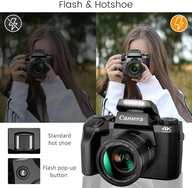 Alt view image 5 of 7 - 4K Digital Camera, 64MP WiFi Cameras for Photography with 4" Touchscreen Vlogging Camera for YouTube with Flash, 32GB Card, Lens Hood, 3000mAH Battery, Front and Rear Cameras - Black