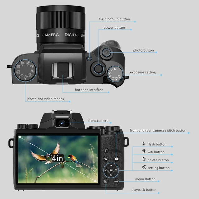 Alt view image 7 of 7 - 4K Digital Camera, 64MP WiFi Cameras for Photography with 4" Touchscreen Vlogging Camera for YouTube with Flash, 32GB Card, Lens Hood, 3000mAH Battery, Front and Rear Cameras - Black