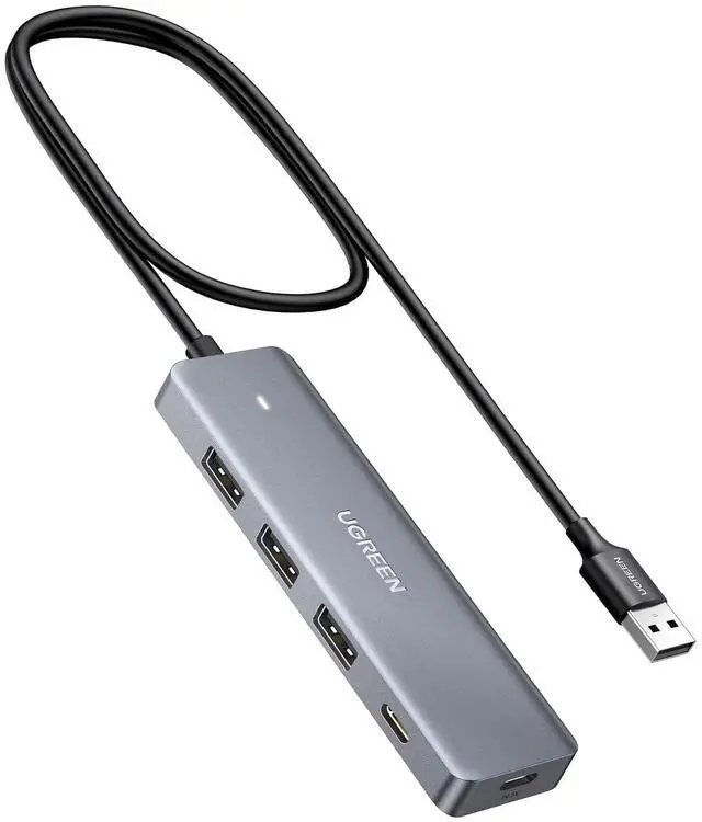 Main image of Hoegoa USB Hub 4 Ports, C & 3 A Multiport Adapter, 2ft Long Cable Powered 3.0 Hub With C Power Port for Laptop, Desktop, PS5, Xbox Series, and More Devices
