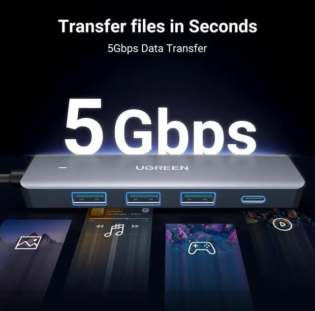 Alt view image 2 of 7 - Hoegoa USB Hub 4 Ports, C & 3 A Multiport Adapter, 2ft Long Cable Powered 3.0 Hub With C Power Port for Laptop, Desktop, PS5, Xbox Series, and More Devices