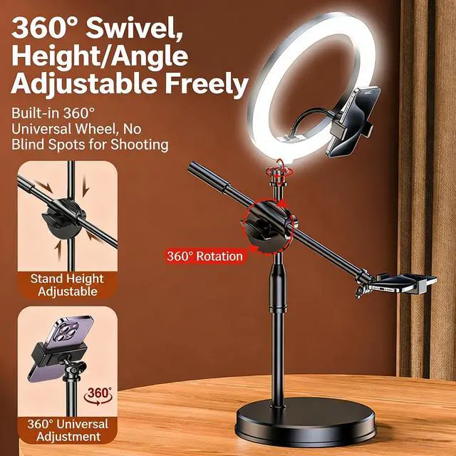 Alt view image 4 of 7 - Hoegoa Pro Desktop Phone Shooting Stand with 16cm Tri-color Beauty Light & Bluetooth Remote for Food Photography, Online Classes, Vlog, and Live Streaming.