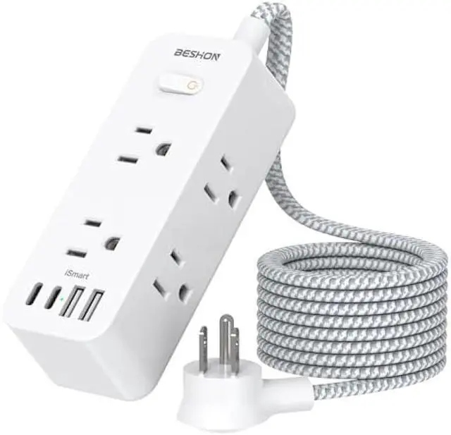 Main image of Power Strip Surge Protector, BESHON 5Ft Extension Cord, 6 Outlets with 4 USB Ports (2 USB C Outlet), 3-Side Outlet Extender, Wall Mount, Compact for Travel, Home, School, College Dorm Room and Office