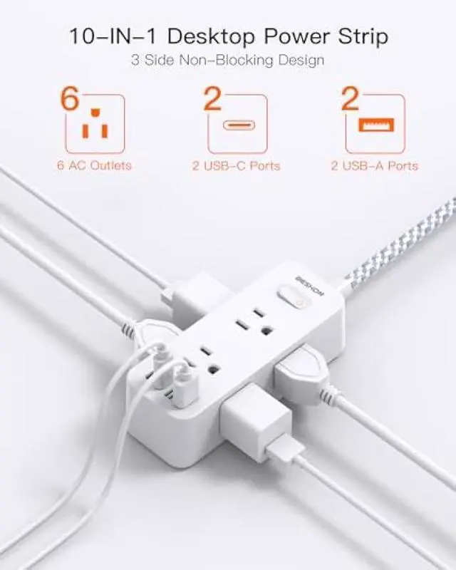 Alt view image 2 of 5 - Power Strip Surge Protector, BESHON 5Ft Extension Cord, 6 Outlets with 4 USB Ports (2 USB C Outlet), 3-Side Outlet Extender, Wall Mount, Compact for Travel, Home, School, College Dorm Room and Office