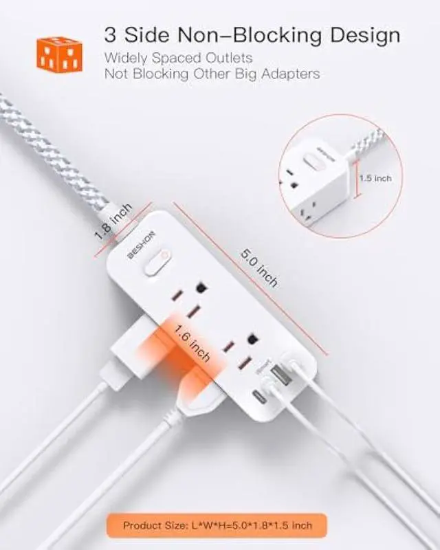 Alt view image 4 of 5 - Power Strip Surge Protector, BESHON 5Ft Extension Cord, 6 Outlets with 4 USB Ports (2 USB C Outlet), 3-Side Outlet Extender, Wall Mount, Compact for Travel, Home, School, College Dorm Room and Office