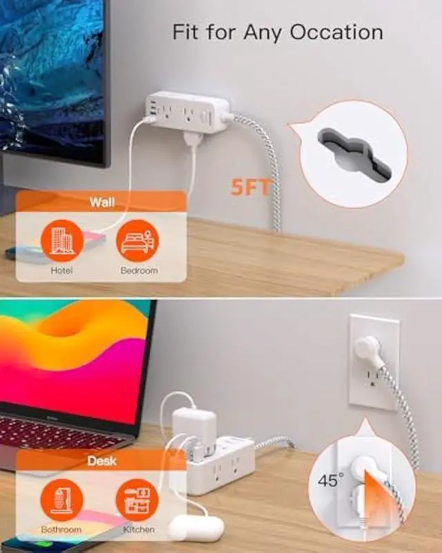 Alt view image 5 of 5 - Power Strip Surge Protector, BESHON 5Ft Extension Cord, 6 Outlets with 4 USB Ports (2 USB C Outlet), 3-Side Outlet Extender, Wall Mount, Compact for Travel, Home, School, College Dorm Room and Office