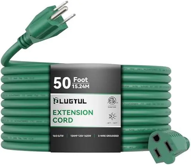 Main image of PLUGTUL 50 FT Outdoor Extension Cord Waterproof 16/3 Green Heavy Duty 3 Prong Extension Cord, 13A 1625W SJTW, ETL Listed, Great for Garden and Home