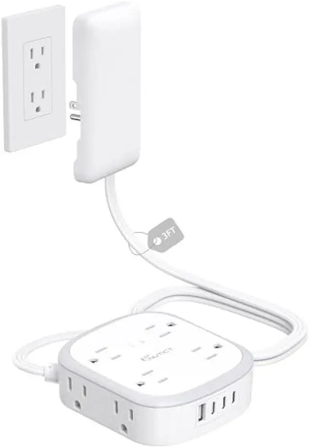 Main image of Outlet Cover Extension Cord Short 3ft, NUTICT Flat Plug Power Strip with 8 Outlets & 3 USB-C & 1 USB-A Port, 13A/1625W, 1440J Surge Protector, Indoor 3 Prong Flat Wall Plug for Tight Spaces, White