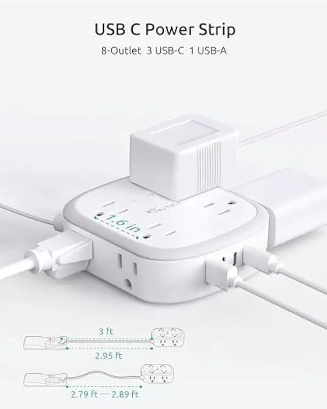 Alt view image 4 of 5 - Outlet Cover Extension Cord Short 3ft, NUTICT Flat Plug Power Strip with 8 Outlets & 3 USB-C & 1 USB-A Port, 13A/1625W, 1440J Surge Protector, Indoor 3 Prong Flat Wall Plug for Tight Spaces, White
