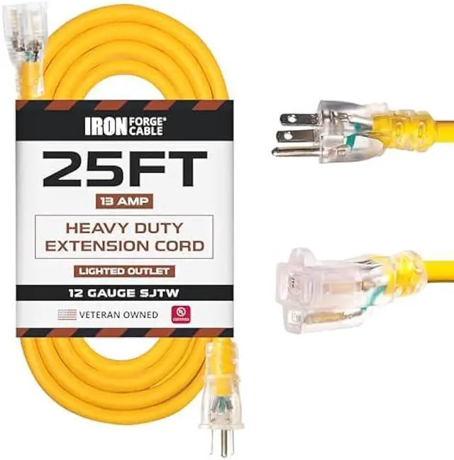 Main image of IRON FORGE CABLE 25 ft Lighted Outdoor Extension Cord - 12/3 SJTW Heavy Duty Yellow Extension Cable Extension Cable with 3 Prong Grounded Plug for Safety, 15AMP -Great for Garden and Major Appliances