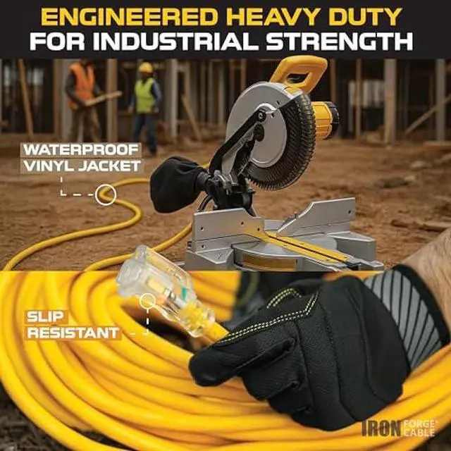 Alt view image 2 of 5 - IRON FORGE CABLE 25 ft Lighted Outdoor Extension Cord - 12/3 SJTW Heavy Duty Yellow Extension Cable Extension Cable with 3 Prong Grounded Plug for Safety, 15AMP -Great for Garden and Major Appliances