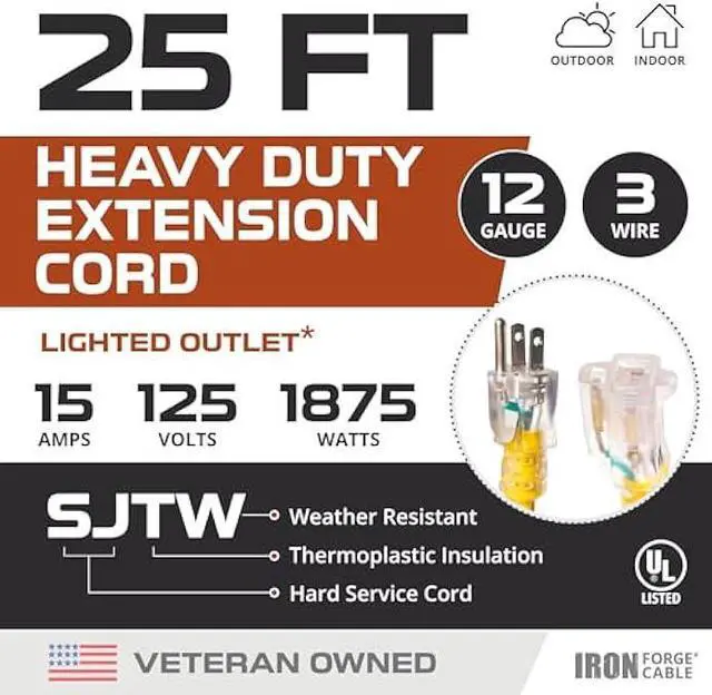 Alt view image 3 of 5 - IRON FORGE CABLE 25 ft Lighted Outdoor Extension Cord - 12/3 SJTW Heavy Duty Yellow Extension Cable Extension Cable with 3 Prong Grounded Plug for Safety, 15AMP -Great for Garden and Major Appliances