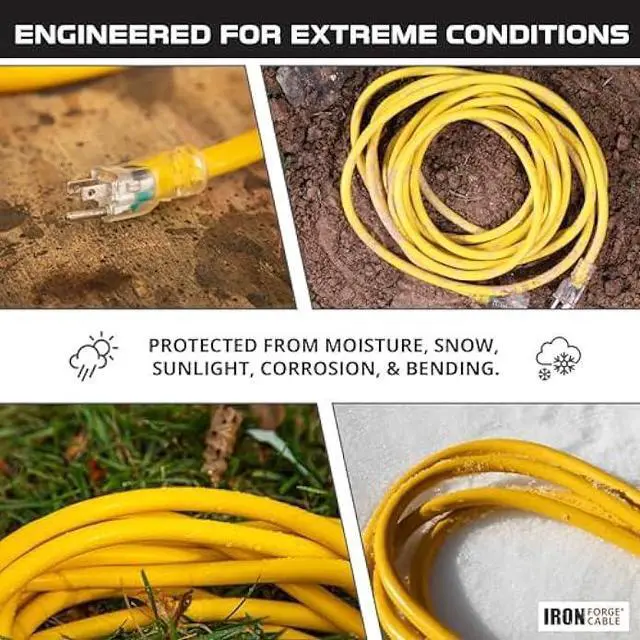 Alt view image 3 of 7 - IRON FORGE CABLE 3 Foot Lighted Outdoor GFCI Extension Cord - 12/3 SJTW Heavy Duty Yellow Pigtail Extension Cable with 3 Prong Grounded Plug for Safety, 15 AMP