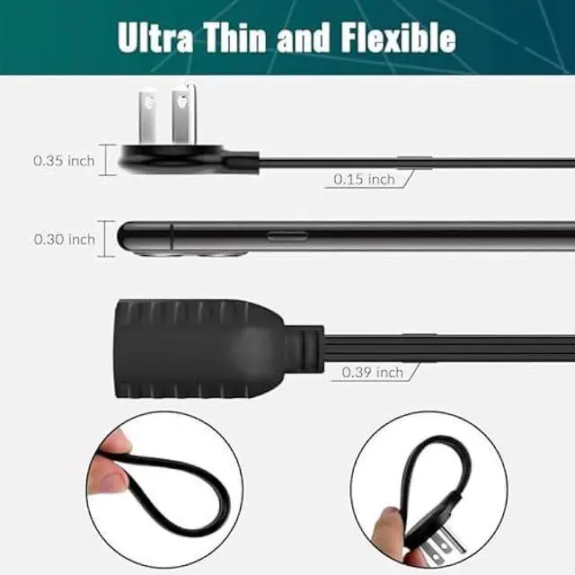 Alt view image 2 of 6 - Elecan Flat Plug Extension Cord 12 Ft with Slim Space-Saving Plug Design, Thin Flat Cable Low Profile Power Cord 3 Prong Grounded Wire, 16 Gauge 13 A/125 V-Black-ETL Certified
