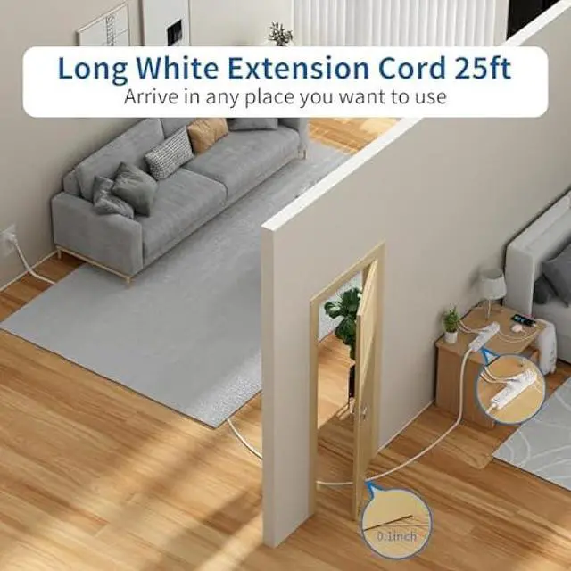 Alt view image 2 of 5 - NTONPOWER Long Extension Cord 25 Ft, Flat Extension Cord Under Carpet, Power Strip Long Cord, Wall Mount Power Strip with 4 Outlets 2 USB A + USB C, Overload Protection for Indoor, Home, Dorm, Office