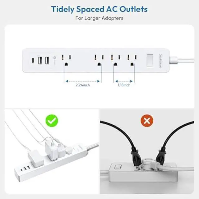 Alt view image 4 of 5 - NTONPOWER Long Extension Cord 25 Ft, Flat Extension Cord Under Carpet, Power Strip Long Cord, Wall Mount Power Strip with 4 Outlets 2 USB A + USB C, Overload Protection for Indoor, Home, Dorm, Office