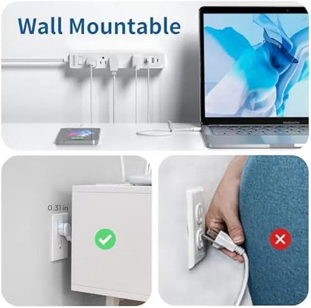 Alt view image 5 of 5 - NTONPOWER Long Extension Cord 25 Ft, Flat Extension Cord Under Carpet, Power Strip Long Cord, Wall Mount Power Strip with 4 Outlets 2 USB A + USB C, Overload Protection for Indoor, Home, Dorm, Office