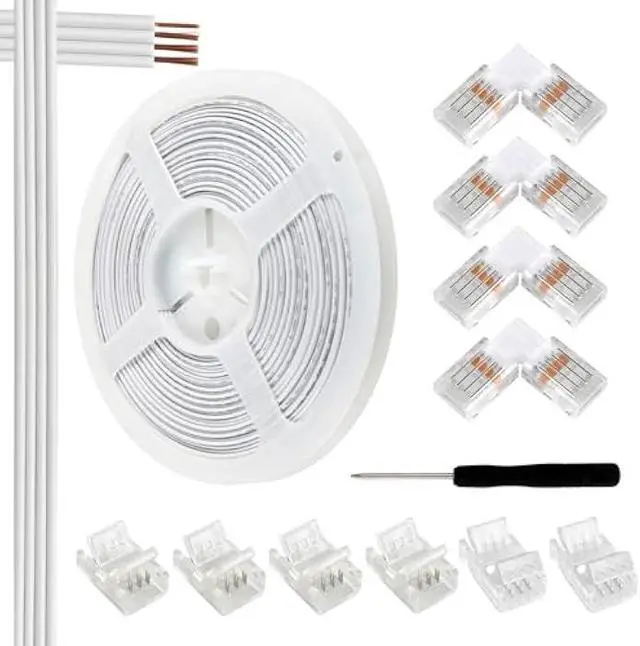 Main image of VIPMOON 32.8ft 4 Pin RGB Extension Cable Wire Kit and 10Pcs 4 Pin 10mm LED Light Strip Connectors L Shape 90 Degree Corner Connector for Waterproof/Non-Waterproof 5050 3528 Led Strip Light