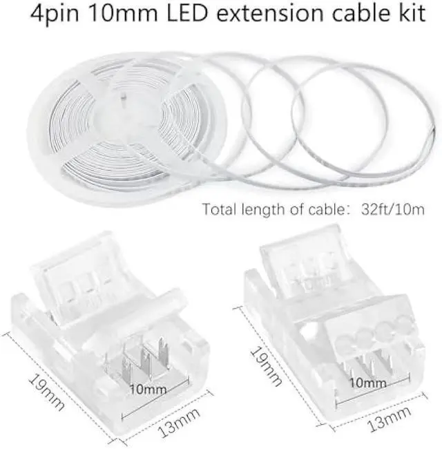 Alt view image 2 of 6 - VIPMOON 32.8ft 4 Pin RGB Extension Cable Wire Kit and 10Pcs 4 Pin 10mm LED Light Strip Connectors L Shape 90 Degree Corner Connector for Waterproof/Non-Waterproof 5050 3528 Led Strip Light