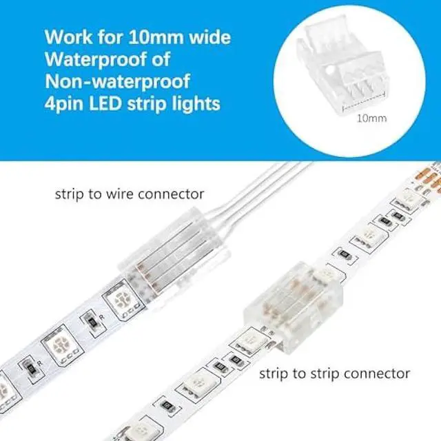 Alt view image 4 of 6 - VIPMOON 32.8ft 4 Pin RGB Extension Cable Wire Kit and 10Pcs 4 Pin 10mm LED Light Strip Connectors L Shape 90 Degree Corner Connector for Waterproof/Non-Waterproof 5050 3528 Led Strip Light