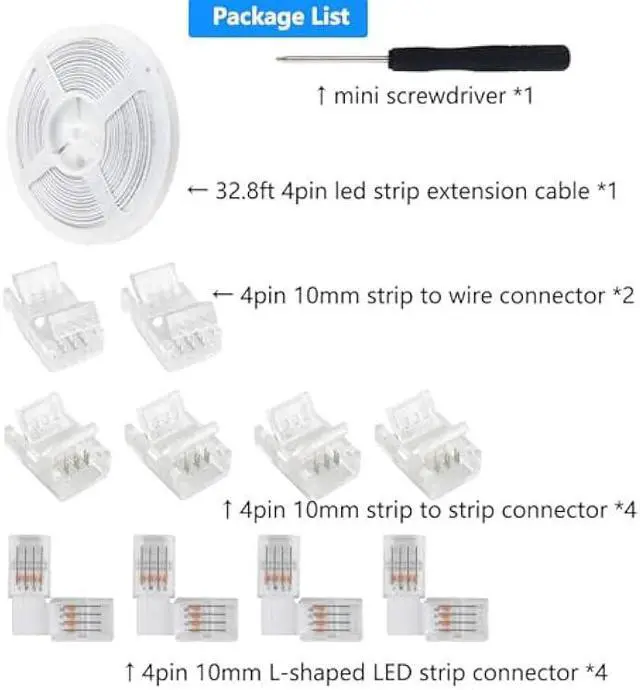 Alt view image 3 of 6 - VIPMOON 32.8ft 4 Pin RGB Extension Cable Wire Kit and 10Pcs 4 Pin 10mm LED Light Strip Connectors L Shape 90 Degree Corner Connector for Waterproof/Non-Waterproof 5050 3528 Led Strip Light