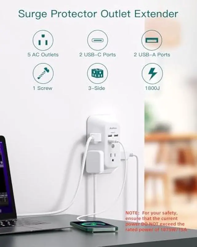 Alt view image 2 of 5 - Surge Protector Outlet Extender - Addtam 5-Outlet Splitter with 4 USB Wall Charger(2 USB-C Ports), Multi Plug Outlet Power Strip for Home, Dorm Room Essentials