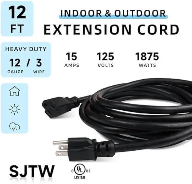 Alt view image 2 of 5 - EP 12 Ft Outdoor Extension Cord - 12/3 SJTW Heavy Duty Black Extension Cable with 3 Prong Grounded Plug - Power Cord for Lawn, Garden, Appliances