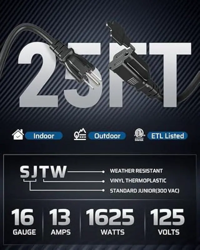 Alt view image 2 of 6 - DEWENWILS 25Ft Outdoor Extension Cord Multiple Outlets, Evenly Spaced 3 Outlets Plugs with Safety Cover, 16/3 SJTW Weatherproof Wire for Outdoor String Lights and Holiday Decorations, UL Liste