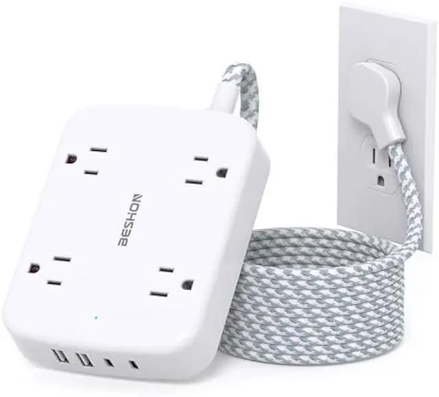 Main image of Surge Protector Power Strip with 2 USB C - BESHON 5 Ft Flat Extension Cord Flat Plug Power Strip, 4 Widely Outlets and 4 USB Charging Ports, Outlet Extender, 900 Joules, for Home Dorm Room Essentials