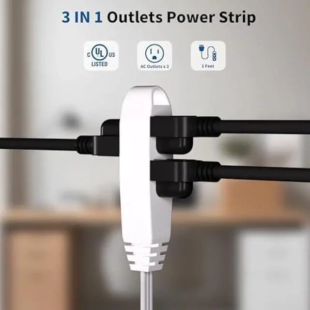 Alt view image 2 of 7 - K KASONIC - 12FT Flat Plug Extension Cord, UL Listed 16/3 SPT-3 1625W Power Strip with 3 Outlets, 3 Prong Grounded 13 Amp 125V Indoor Extension Cord for Home Office, 2 Pack