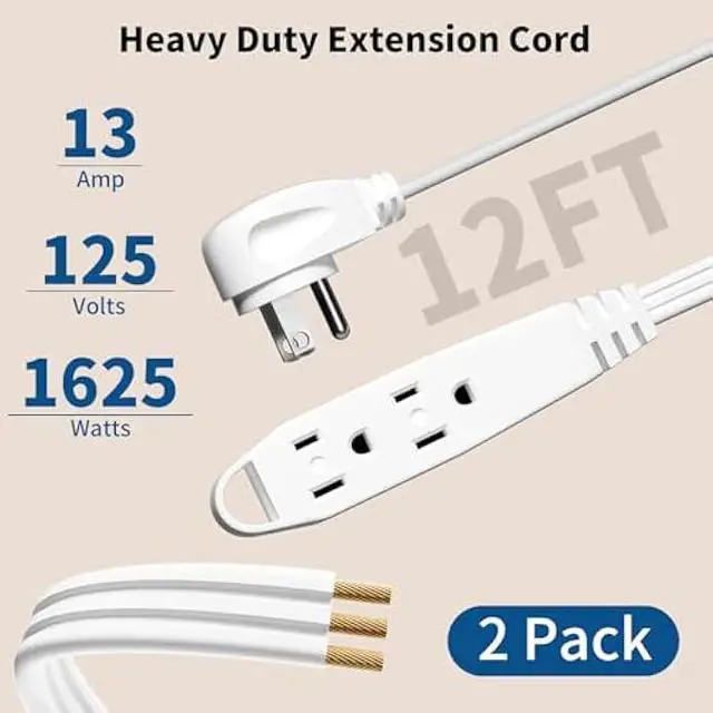 Alt view image 3 of 7 - K KASONIC - 12FT Flat Plug Extension Cord, UL Listed 16/3 SPT-3 1625W Power Strip with 3 Outlets, 3 Prong Grounded 13 Amp 125V Indoor Extension Cord for Home Office, 2 Pack
