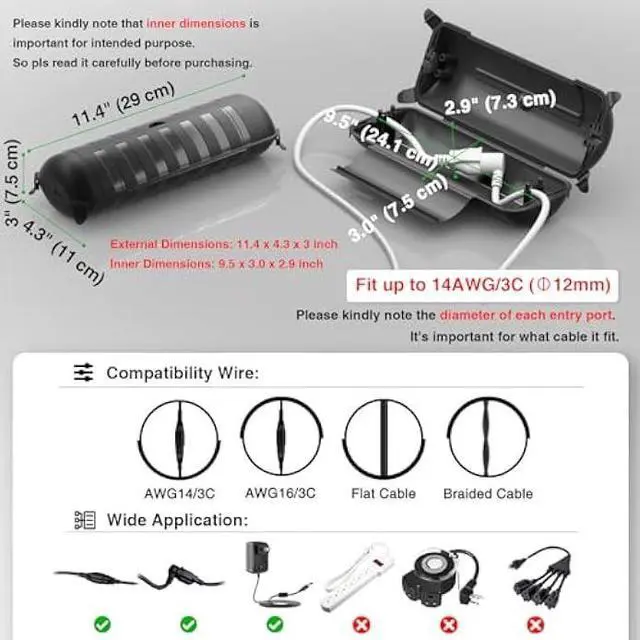 Alt view image 2 of 5 - Flemoon Outdoor Extension Cord Safety Cover with Waterproof Protector Seal, Weatherproof Electrical Connection Box for Outdoor Outlets, Plugs, Sockets, Holiday Decorations, Power Tools, Black