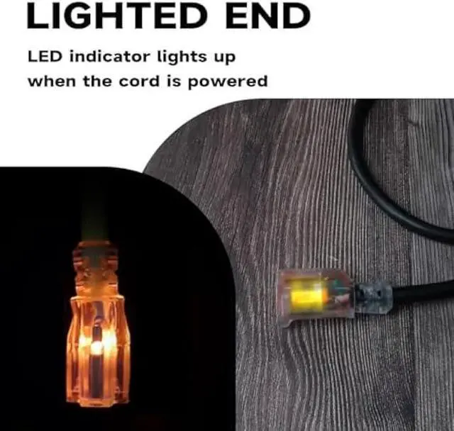 Alt view image 3 of 6 - Outdoor Extension Cord with Lighted End, 12 Gauge Heavy Duty 10 FT, 3 Prong Grounded 15 Amp, 12/3 SJTW Waterproof Power Cord for Appliances, UL Listed, Black