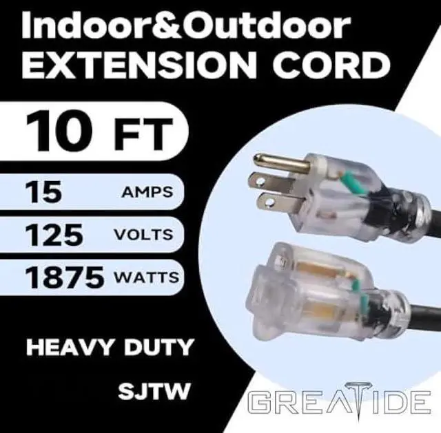 Alt view image 2 of 6 - Outdoor Extension Cord with Lighted End, 12 Gauge Heavy Duty 10 FT, 3 Prong Grounded 15 Amp, 12/3 SJTW Waterproof Power Cord for Appliances, UL Listed, Black