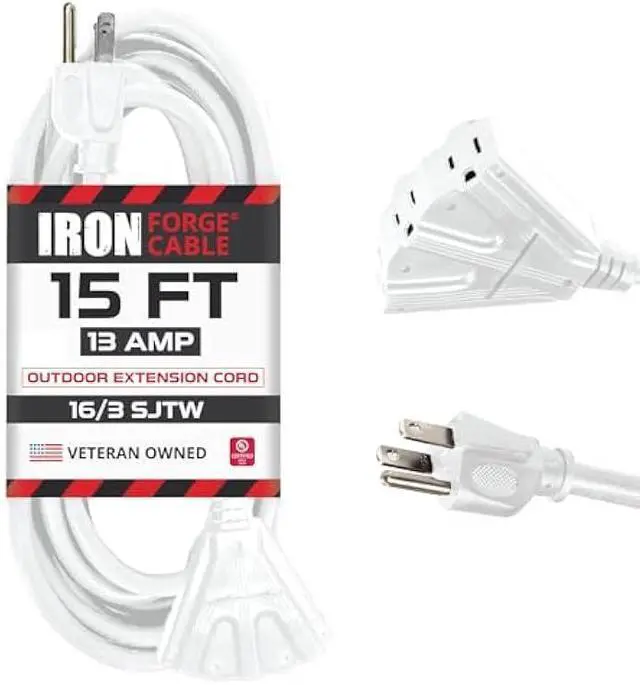 Main image of Iron Forge Cable 15ft White Outdoor Extension Cord with 3 Outlets - 16/3 SJTW 15ft Extension Cord 3 Prong, 13 Amp All-Weather Heavy Duty Power Cable