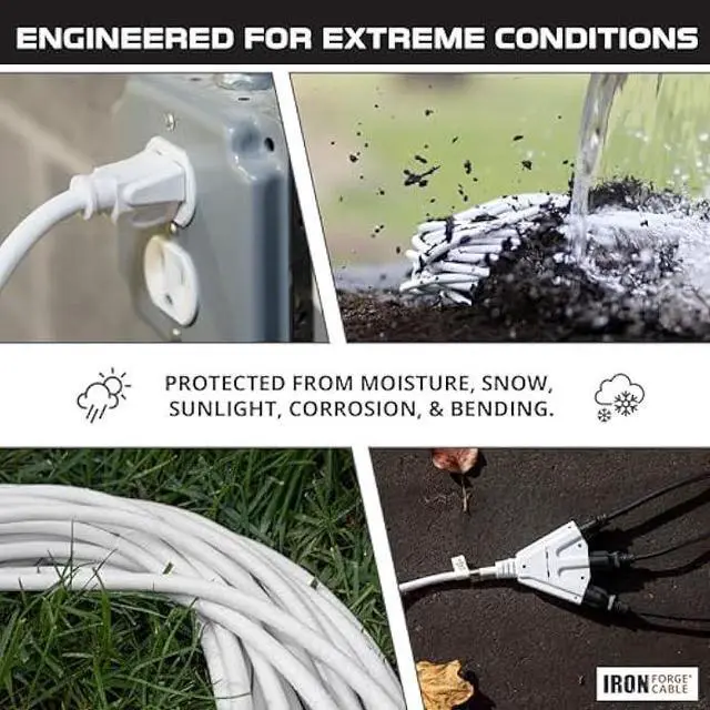Alt view image 3 of 5 - Iron Forge Cable 15ft White Outdoor Extension Cord with 3 Outlets - 16/3 SJTW 15ft Extension Cord 3 Prong, 13 Amp All-Weather Heavy Duty Power Cable