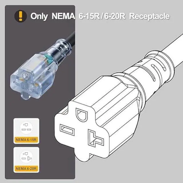 Alt view image 3 of 6 - 10FT Nema 6-20P Extension Cord, Plugrand 20 Amp-250 Volt 12AWG Nema 6-20 Heavy Duty Extension Cable, Nema 6-15R/20R T-Blade Cord with Red Indicator Light, Black Color for Air Conditioner Etc.