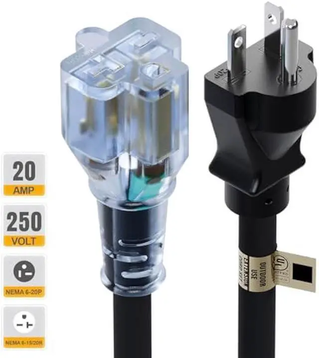 Alt view image 2 of 6 - 10FT Nema 6-20P Extension Cord, Plugrand 20 Amp-250 Volt 12AWG Nema 6-20 Heavy Duty Extension Cable, Nema 6-15R/20R T-Blade Cord with Red Indicator Light, Black Color for Air Conditioner Etc.