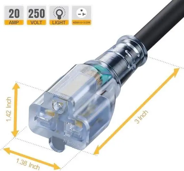 Alt view image 6 of 6 - 10FT Nema 6-20P Extension Cord, Plugrand 20 Amp-250 Volt 12AWG Nema 6-20 Heavy Duty Extension Cable, Nema 6-15R/20R T-Blade Cord with Red Indicator Light, Black Color for Air Conditioner Etc.