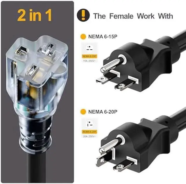 Alt view image 4 of 6 - 10FT Nema 6-20P Extension Cord, Plugrand 20 Amp-250 Volt 12AWG Nema 6-20 Heavy Duty Extension Cable, Nema 6-15R/20R T-Blade Cord with Red Indicator Light, Black Color for Air Conditioner Etc.