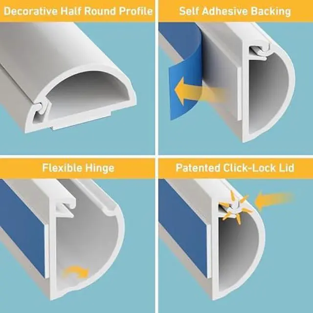 Alt view image 3 of 5 - D-Line Half Round Cord Hider, Patented Cable Cover, Hide TV Wall Mount Wires, Raceway for Cords, Decorative Wire Covers, Paintable, Adhesive Cable Concealer, 10x 0.78in W x 0.39in H x 15.7in L, White