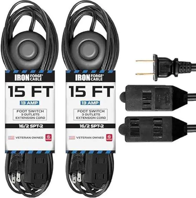 Main image of Iron Forge Cable 2 Pack 15 ft 3 Outlet Black Extension Cord with Foot Switch - 16/2 SJTW 2 Prong Indoor Extension Cord with Multiple Outlets