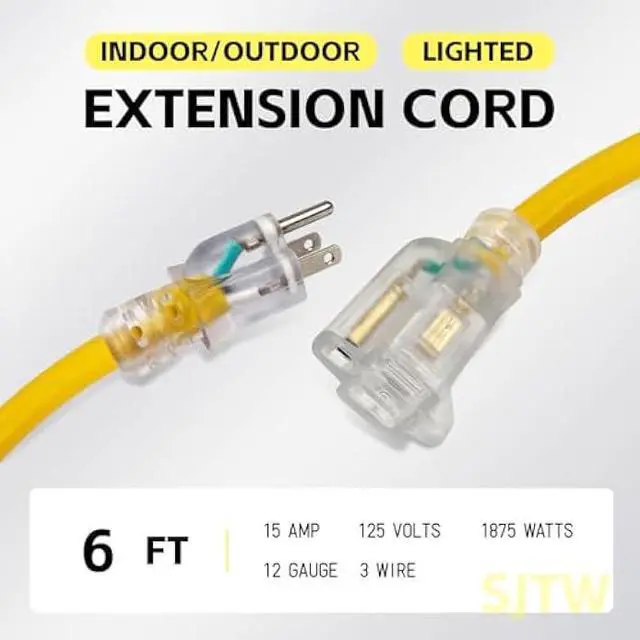 Alt view image 2 of 5 - EP 6 ft Lighted Outdoor Extension Cord - 12/3 SJTW Heavy Duty Yellow Extension Cable with 3 Prong Grounded Plug - 15AMP Power Cord for Lawn, Garden, Appliances