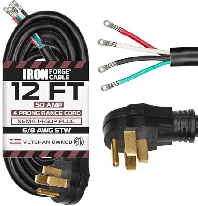 Main image of Iron Forge Cable 4 Prong Black Range Power Cord 12 ft - 50 Amp RV Extension Cord - Heavy Duty 6/8 AWG - NEMA 14-50P Flat Plug 4 Wire EV Cord