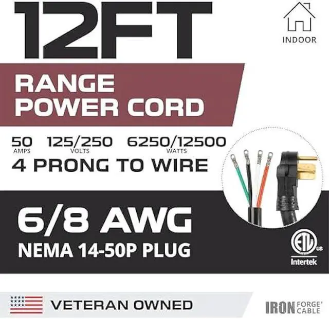 Alt view image 2 of 6 - Iron Forge Cable 4 Prong Black Range Power Cord 12 ft - 50 Amp RV Extension Cord - Heavy Duty 6/8 AWG - NEMA 14-50P Flat Plug 4 Wire EV Cord